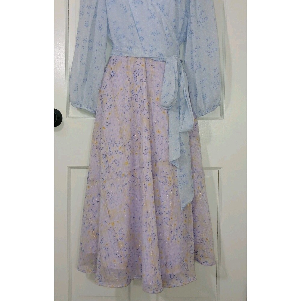 Ann Taylor Petite 6P Floral Wrap Midi Dress Blue Purple Metallic Stripe Tiered - Picture 3 of 14